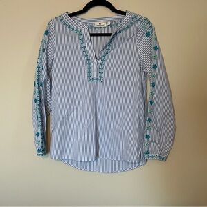 Vineyard Vines Blue and White Striped Blouse with Teal Embroidery
